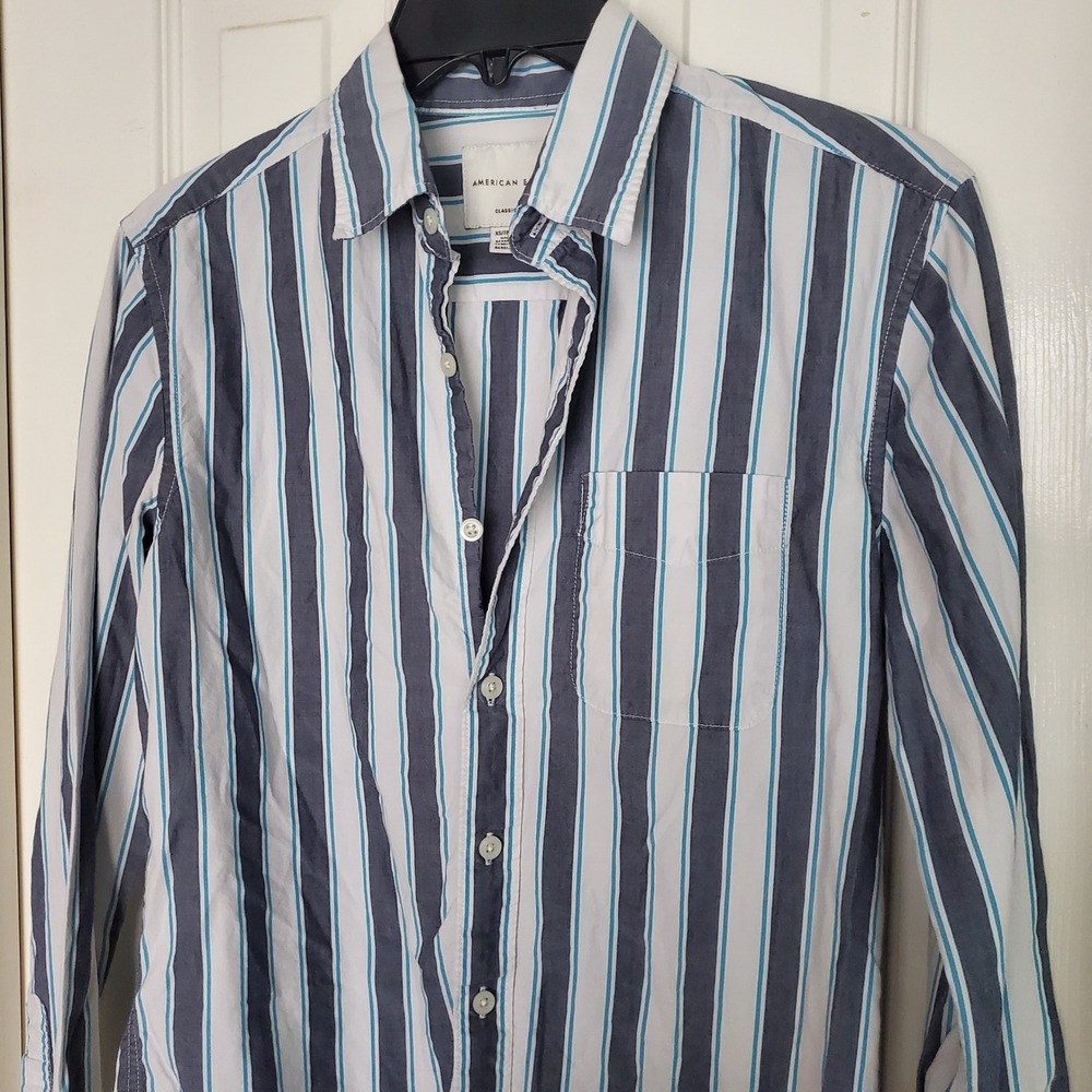 American Eagle Mens Classic Fit Striped Button Down Shirt XS Navy Teal White
